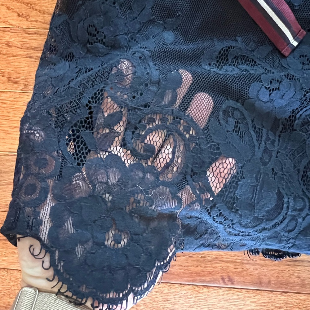Abercrombie & Fitch Navy Blue Lace Slip Dress with Striped Waist Tie - Picture 6 of 8
